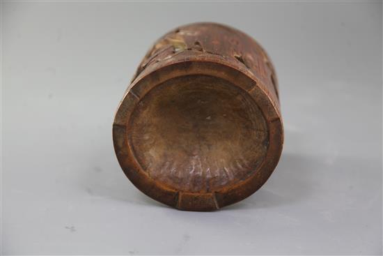 A Chinese bamboo brush pot, height 15cm, some fine splits